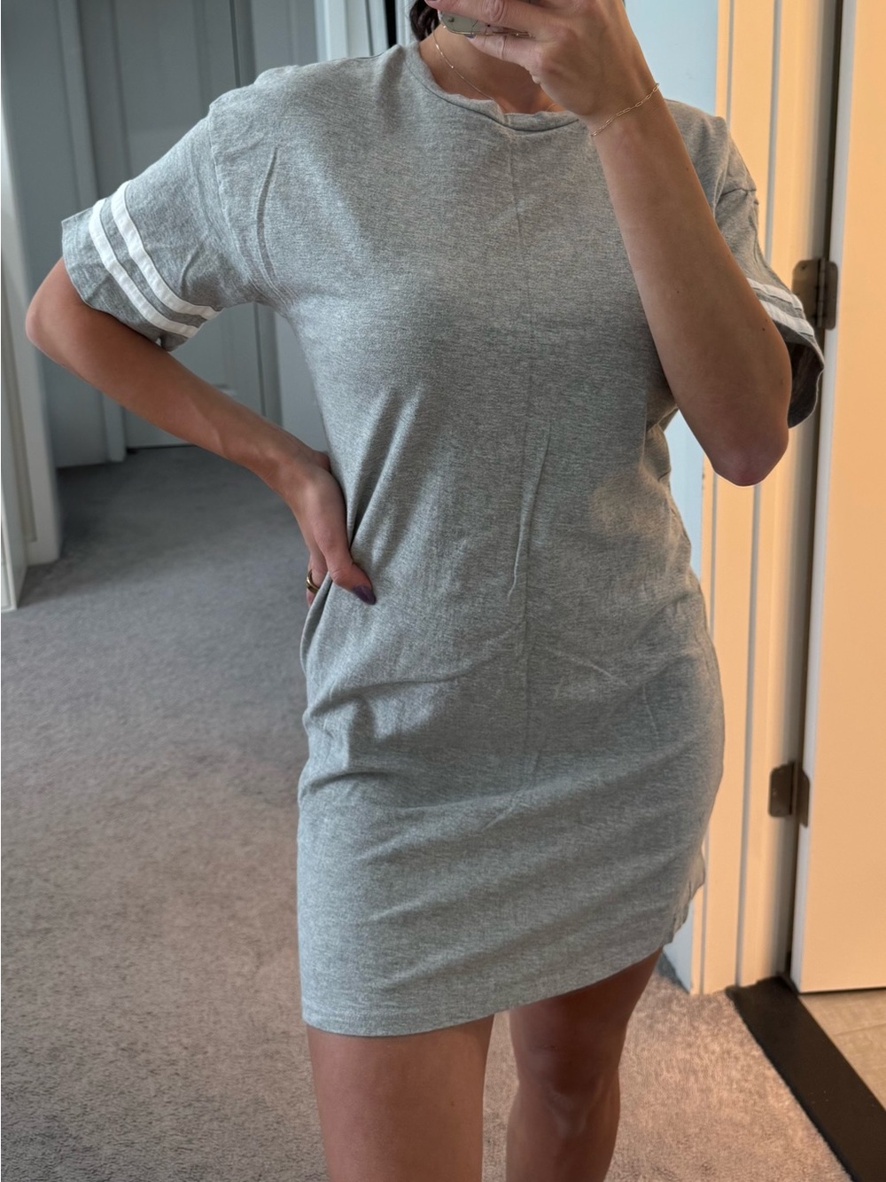 women’s t-shirt dress in light gray with white stripes on sleeves (size M)
